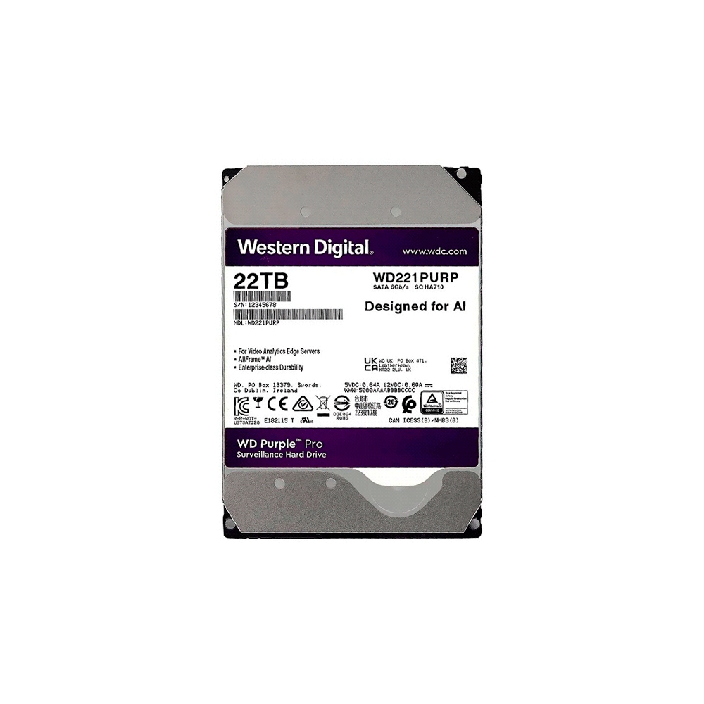 fastrax_110013_6930825b6d43f.jpg DISCO DURO SATA3 22TB WESTERN DIGITAL PURPLE 7200 512MB WD221PURP SURVEILLANCE - Imagen 1