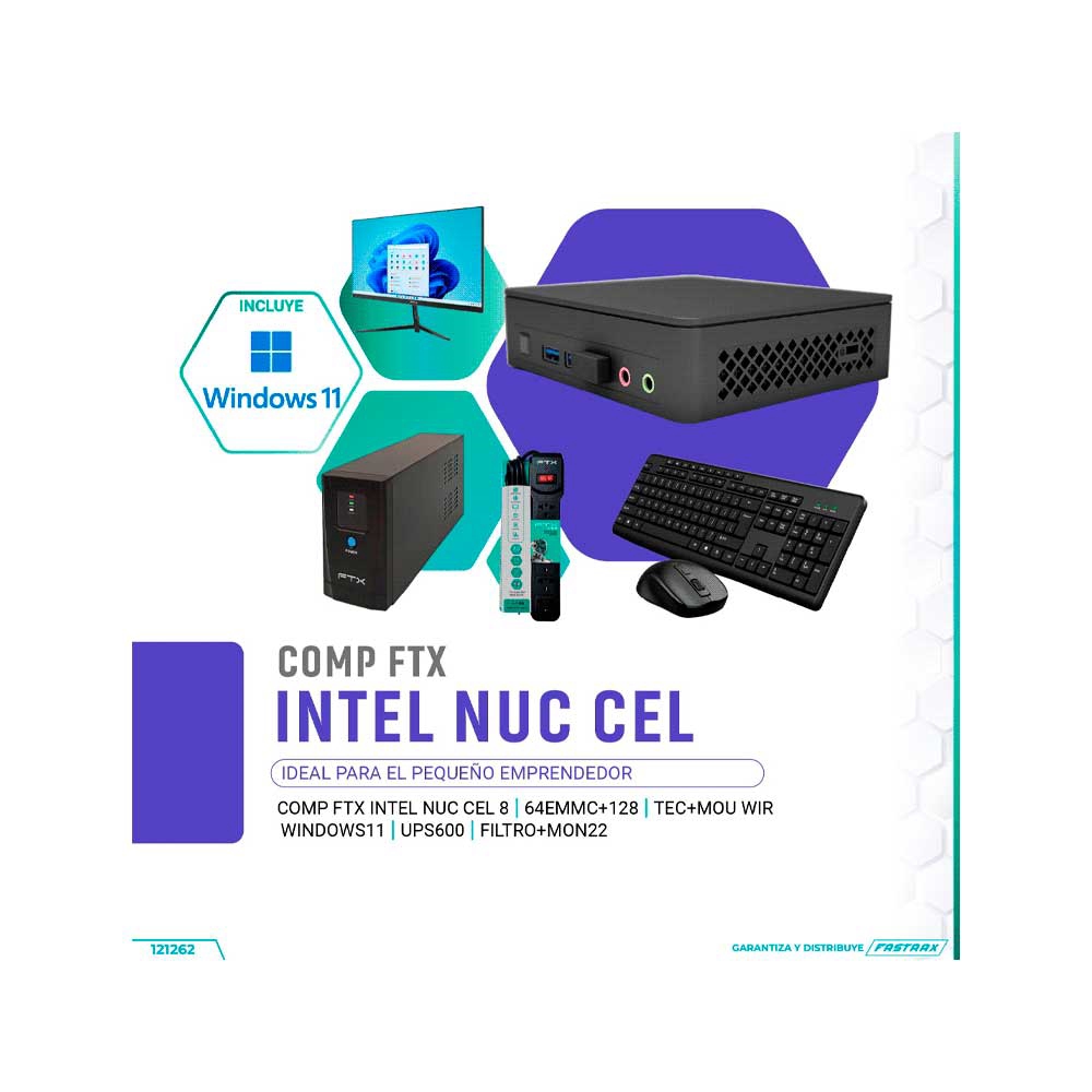 fastrax_121262_6930953becc7a.jpg MINI PC INTEL NUC CEL 8GB/64EMMC+128GB/TEC+MOU WIR/W11/UPS600/FILTRO+MON 22" FTX - Imagen 1