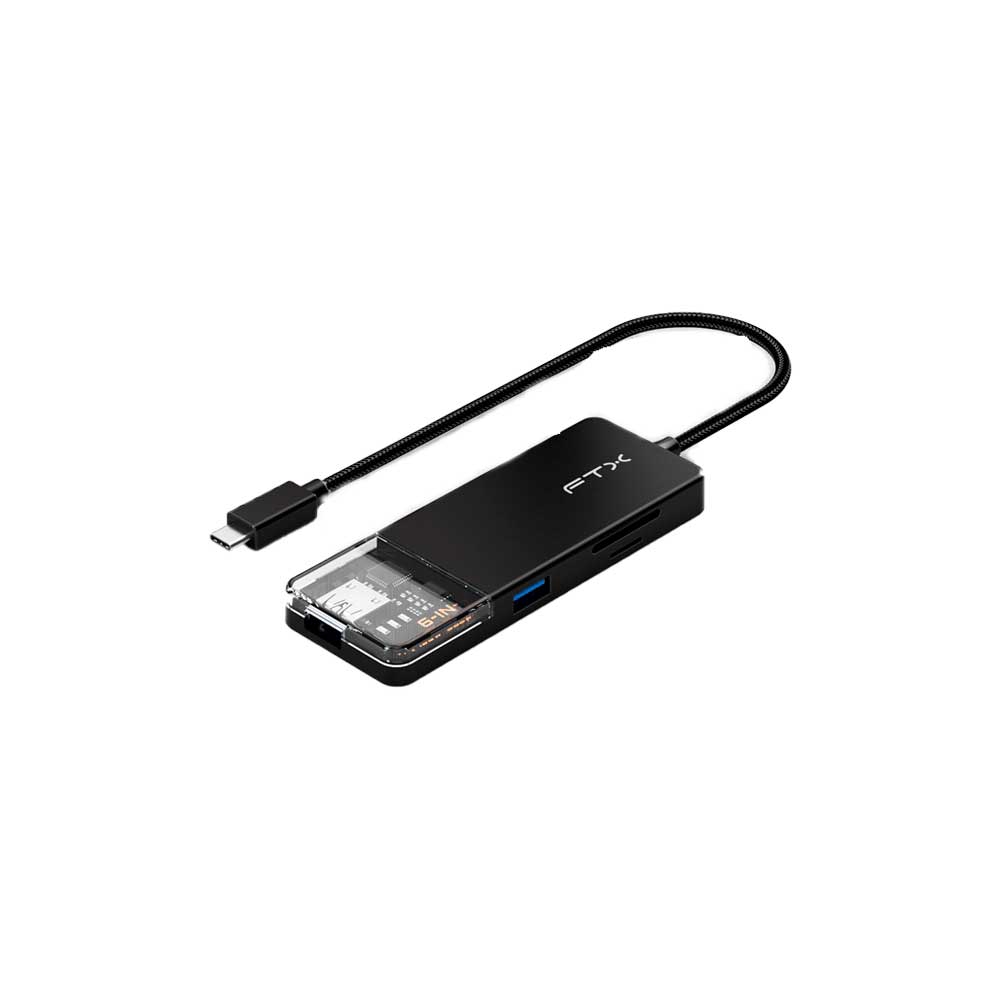 fastrax_115520_6a6d3a9193b3f.jpg HUB 6 EN 1 USB-C - HDMI/USB-A/USB-C/SD FTX-HUBT4-PB 4K/30HZ/100W/5GBPS - Imagen 1