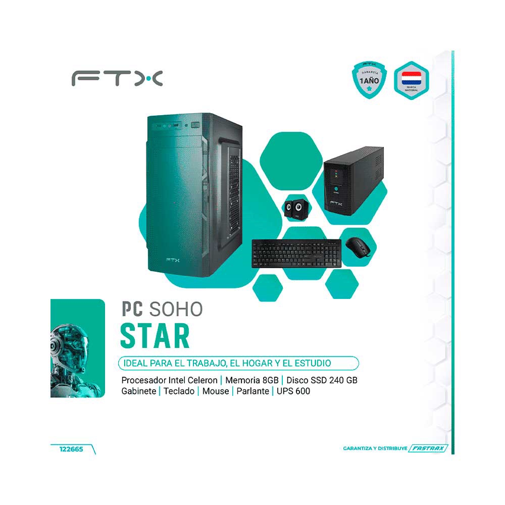 fastrax_122665_6a6d3b9fdf039.jpg COMPUTADORA FTX SOHO STAR CEL/240SSD/8G + UPS 600W + MOUSE + TECLADO - Imagen 1