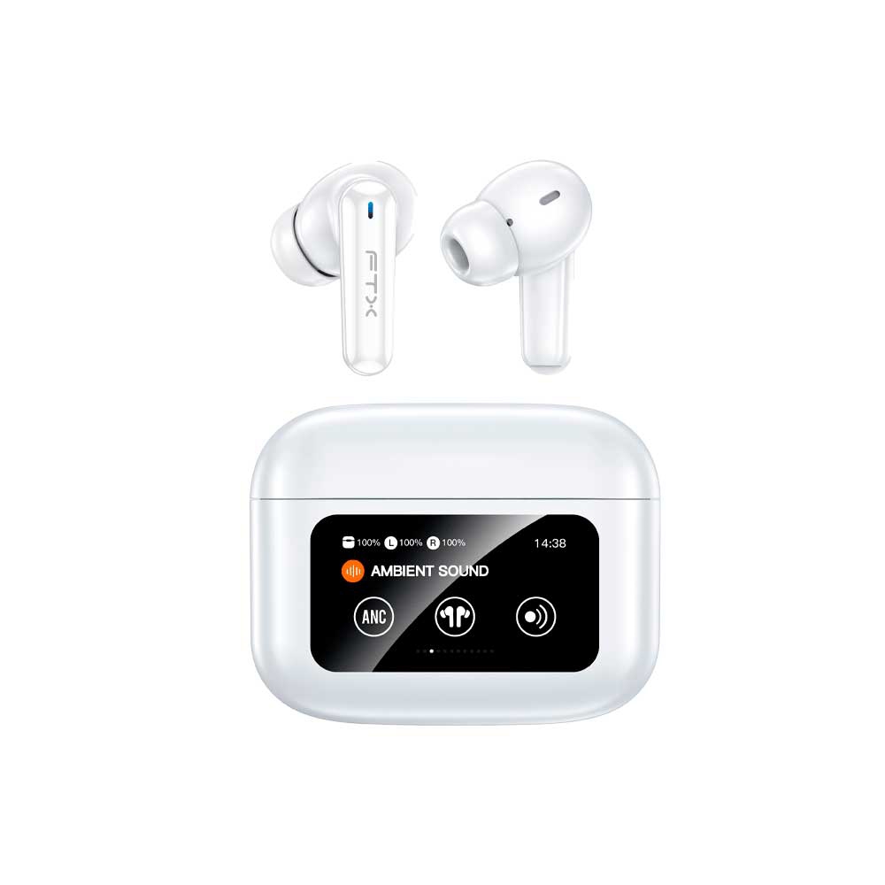 fastrax_124690_6a6d3c4e94690.jpg AURICULAR CON MICROFONO FTX E56L-WH BT/MIC/ANC/TOUCH/IPX6 BLANCO C/PANT LED - Imagen 1