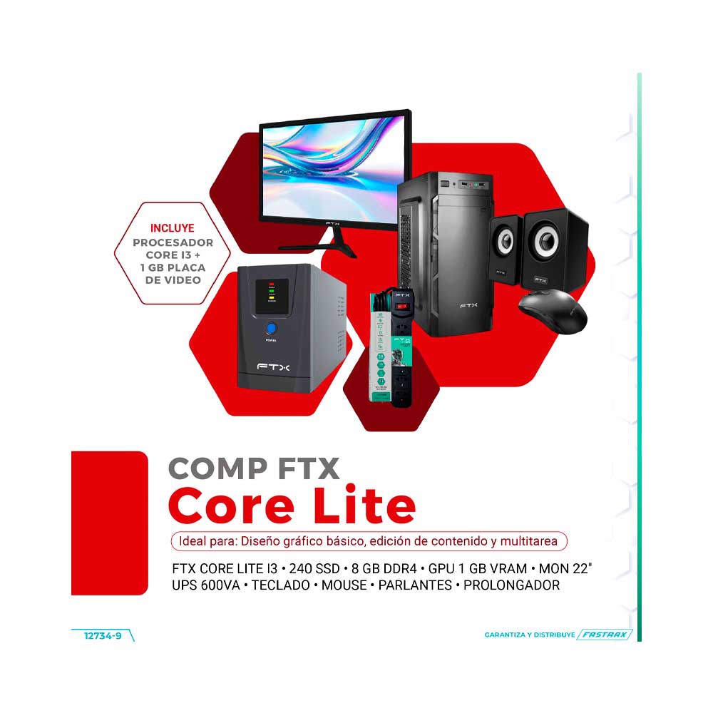 fastrax_127349_6a6a972bb6a76.jpg COMPUTADORA FTX CORE LITE I3/240SSD/8G/1GVGA+ MON 22"+ UPS 600+ TECLADO+ MOU+ SPK+ FILTRO - Imagen 1
