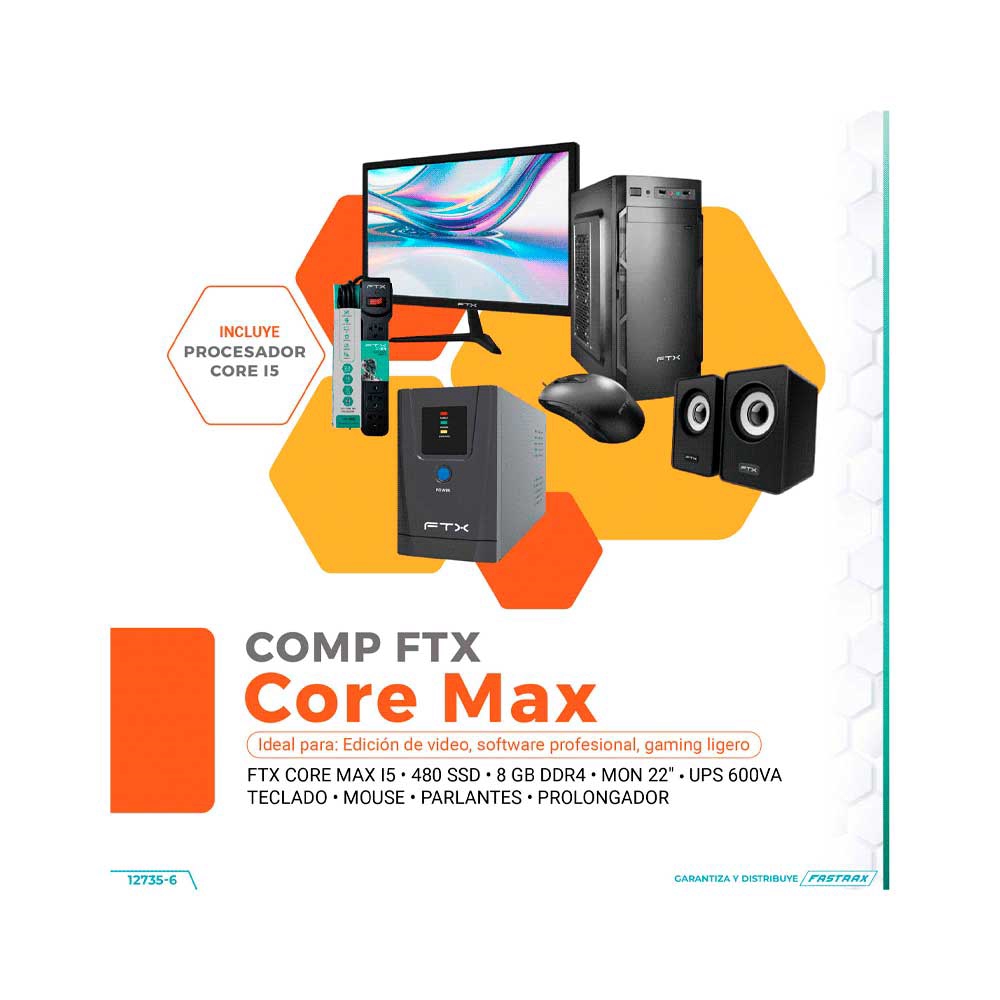 fastrax_127356_6a6d043c5553e.jpg COMPUTADORA FTX CORE MAX I5/480SSD/8G+ MON 22"+ UPS 600+ TECLADO+ MOU+ SPK+ FILTRO - Imagen 1