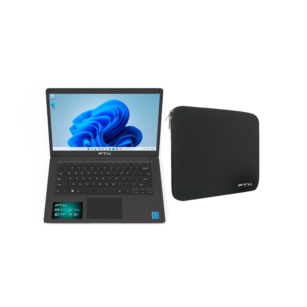 fastrax_128995_6a6c93c16e129.jpg NOTEBOOK FTX N14-C2564IN CEL 1.1/4G/256SSD/W11H/14" HD/RJ-45/NEGRO + FUNDA - Imagen 1