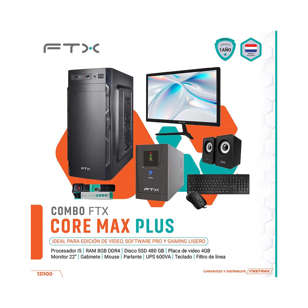fastrax_131100_6a58222363a17.jpg COMPUTADORA FTX CORE MAX PLUS I5/480SSD/8G/4GBVGA+MON 22"+UPS600+TECL+MOU+SPK+FILTRO - Imagen 1
