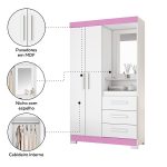 Ropero 2 Puertas 3 Cajones Con Espejo Nt6020 Notavel Blanco New | Rosa Flex
