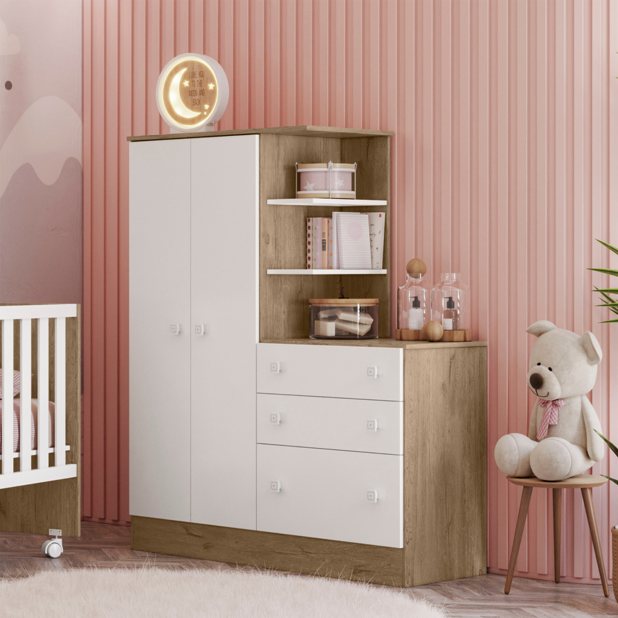 Ropero-con-Comoda-4070-Carvallo-Blanco-Ambiente-Abba-Muebles ROPERO CON CÓMODA 2 PUERTAS 3 CAJONES 4070 QMOVI CARVALLO|BLANCO - Imagen 1
