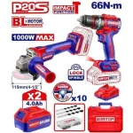COMBO DE HERRAMIENTAS: TALADRO PERCUTOR + AMOLADORA BL 2X BAT 20V 4AH + ACC (M) EMTOP