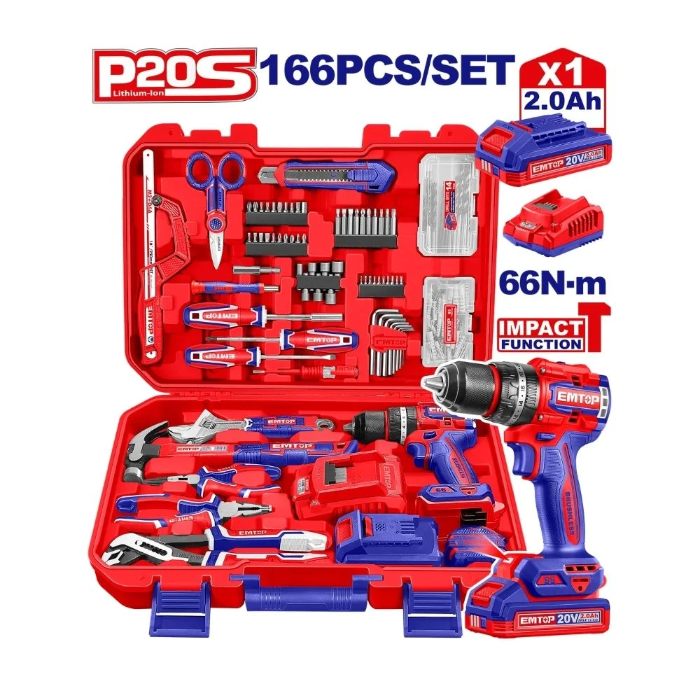 99991627504814_JUE.EMT.EEDK16601_0 JUEGO DE 166 PZAS + TALADRO PERCUTOR 66NM 20V (M) EMTOP - Imagen 1
